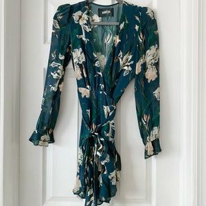 Reformation long-sleeved mini wrap dress with deep V neck